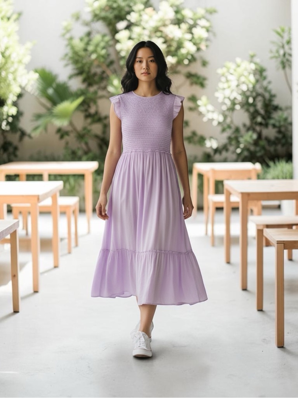 Capped Sleeve Lavender Flounce Dress